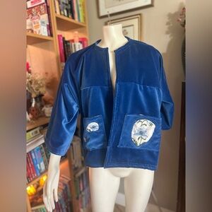 Handmade Vintage Blue Velvet Jacket – Embroidered Floral Pockets